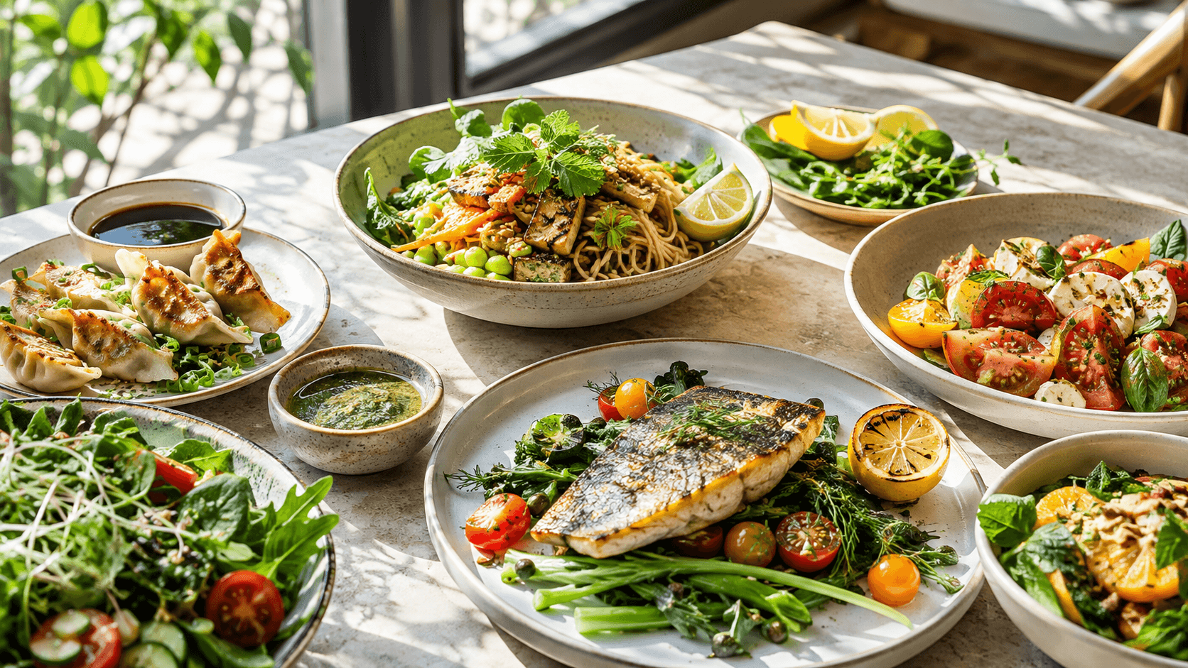 A sunlit table filled with colourful restaurant dishes